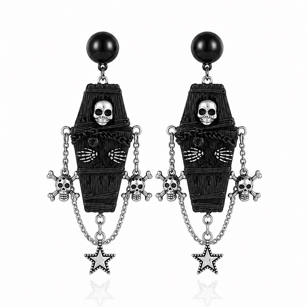 Gothic Coffin & Skull Drop Earrings in Black